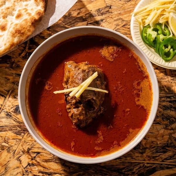 A bowl of red nihari stew with a meat shank, naan, and a side of garnishes.