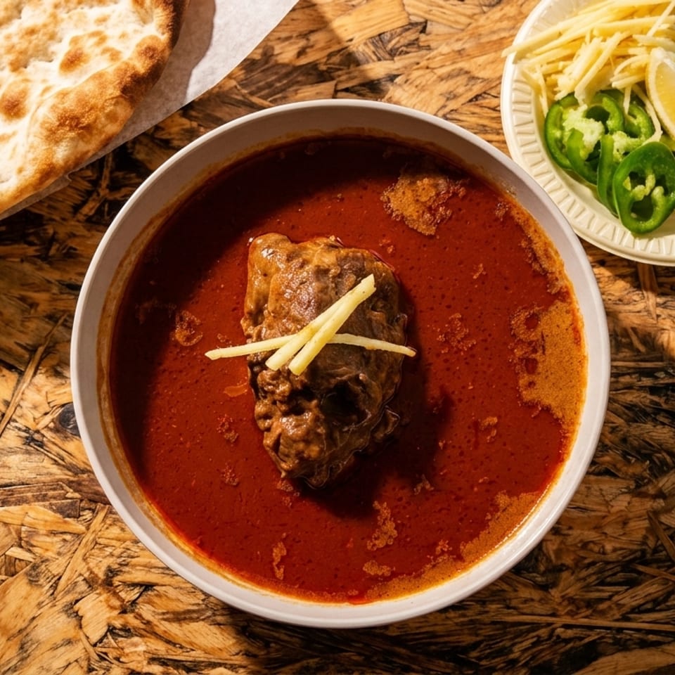 A bowl of red nihari stew with a meat shank, naan, and a side of garnishes.