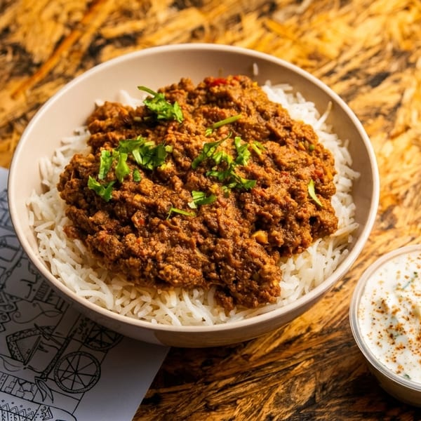 A bowl of Toosso's spiced meat curry over white rice, with a side of raita.