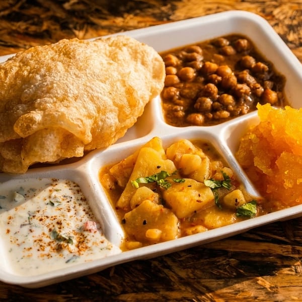 A white partitioned tray holds puri, chana masala, potato curry, raita, and halwa on a wooden table.