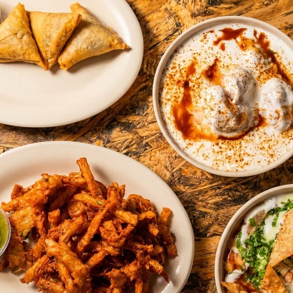 An overhead view of four plates of Indian appetizers, including samosas, pakora, and two yogurt dishes.