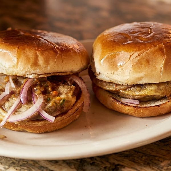 Two sliders with patties, sauce, and red onions on a white plate, on a marble surface.