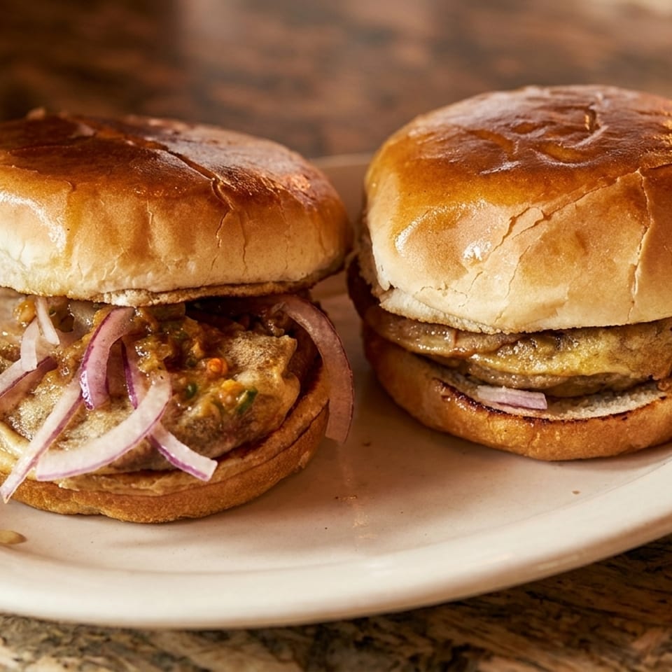 Two sliders with patties, sauce, and red onions on a white plate, on a marble surface.