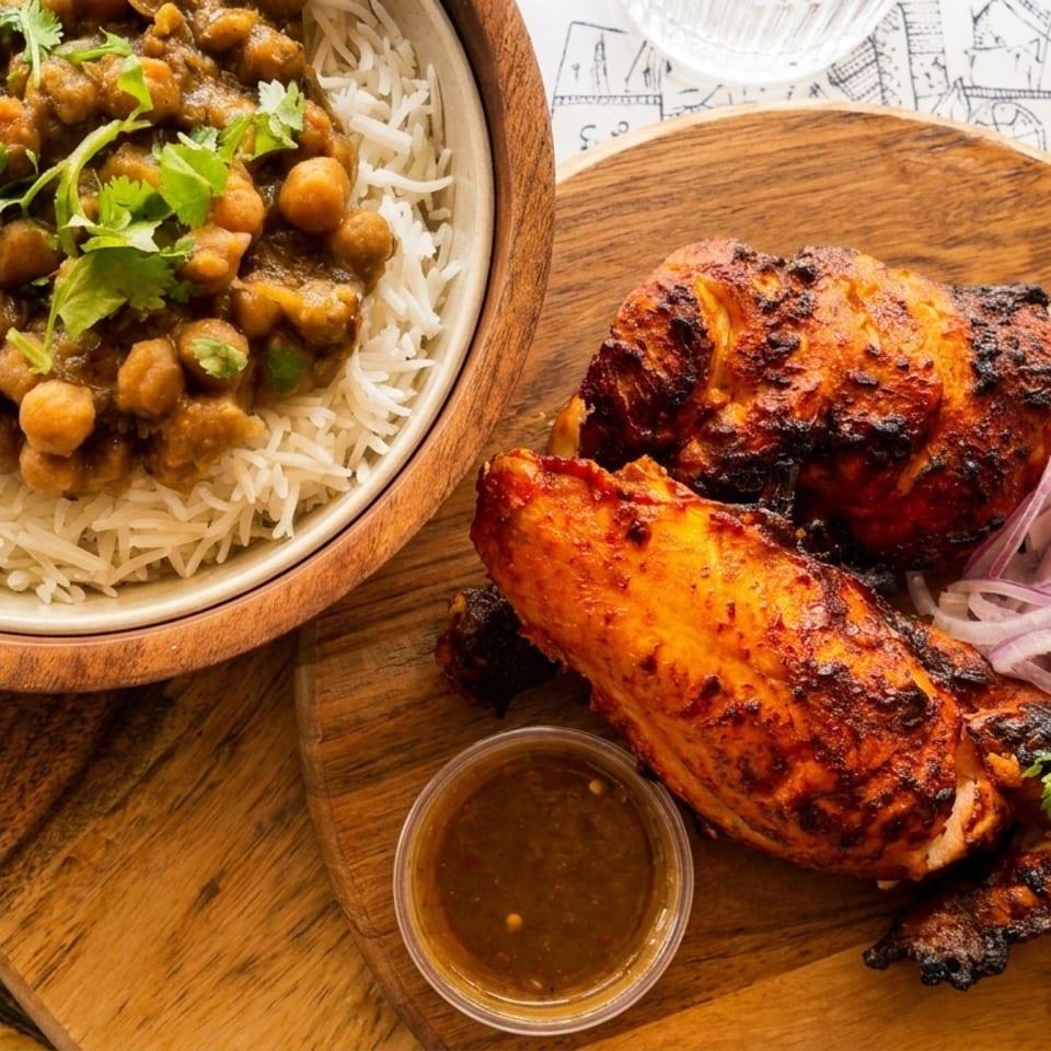 Grilled chicken with red onions and lemon, alongside a bowl of chickpea curry and rice.