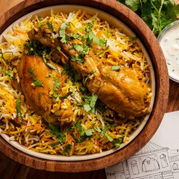 A bowl of chicken biryani with raita and a Toosso branded paper on a wooden board.