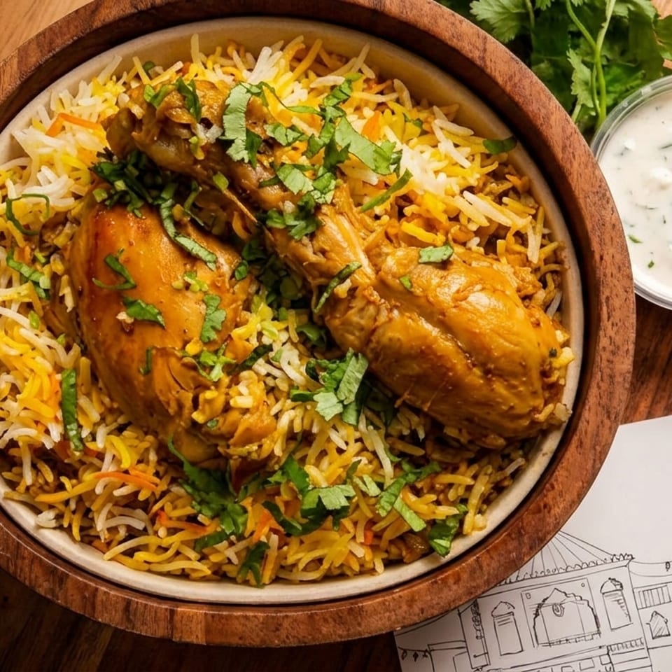 Chicken biryani with cilantro, a side of raita, and a Toosso menu on a wooden board.
